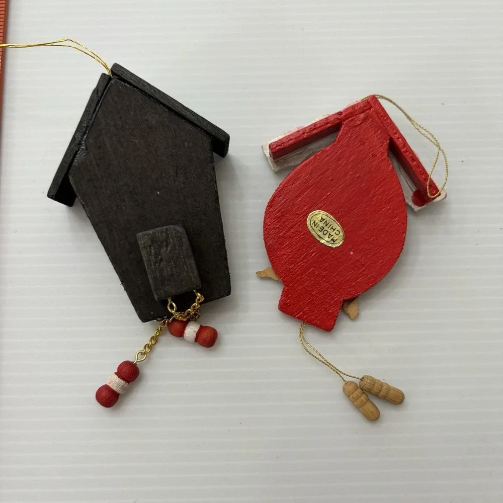 Vintage Wooden Cuckoo Clock Christmas Ornaments Lot Of 2 Hand Painted